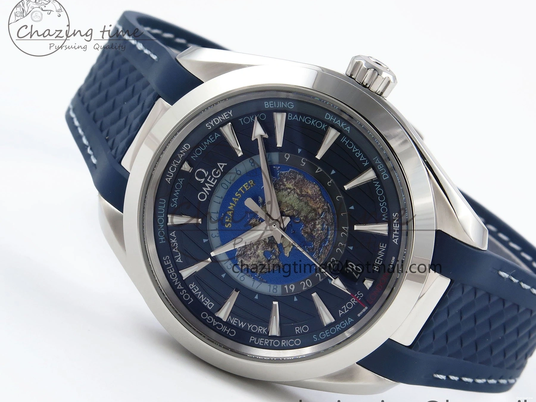 0226 Aqua Terra GMT Worldtimer 43mm VSF 1:1 Best Edition Deep Blue Dial on Blue Rubber Strap A8938 Super Clone QuickDry 7721